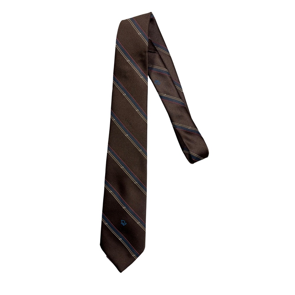 VTG 80s Christian Dior Mens Silk Blend Striped Tie Brown Blue Pink Made in USA